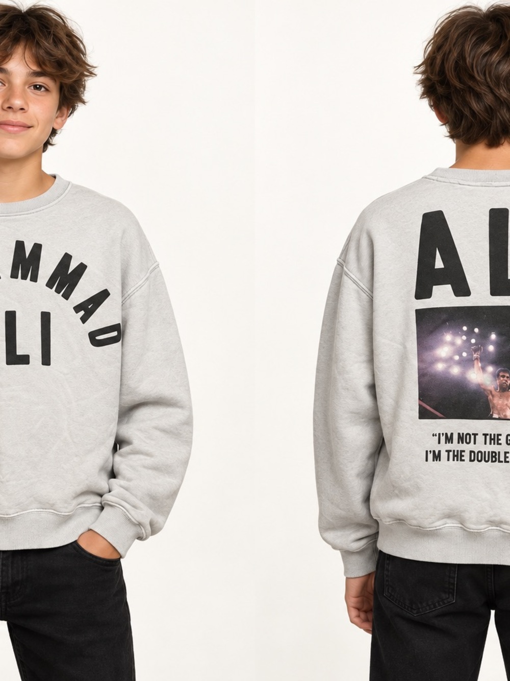 Zara Light Gray Crewneck Sweatshirt with Black Graphic Text